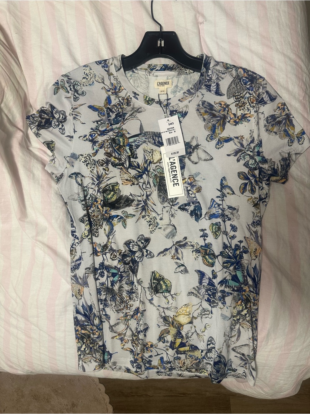 L'AGENCE White Tee with Blue and Yellow Floral & Butterfly Print